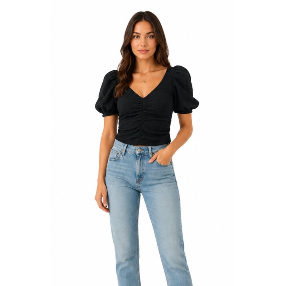 Free People Cupcake Black Ruched V Neck Puff Sleeve Boho Top Women’s Size Small